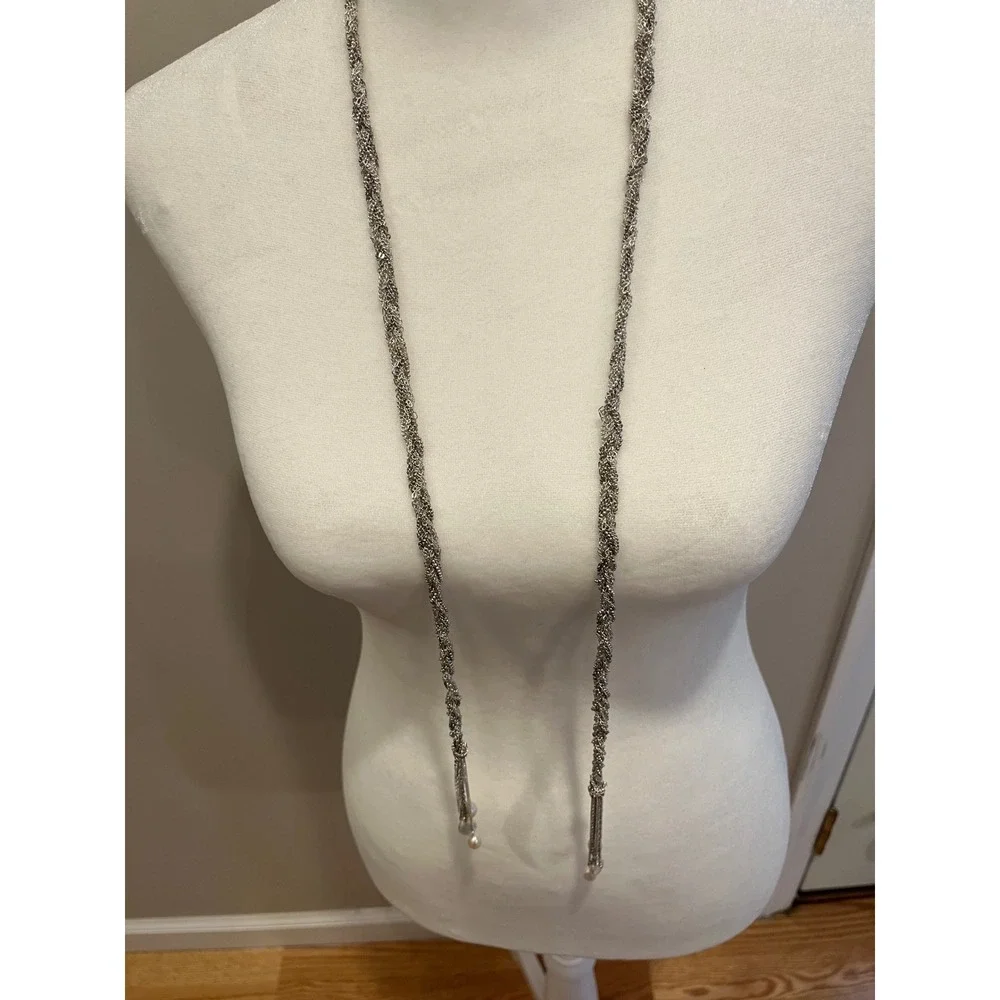Stella and Dot Silver Braided Mesh‎ Lariat Necklace with Freshwater Pearl Tassel